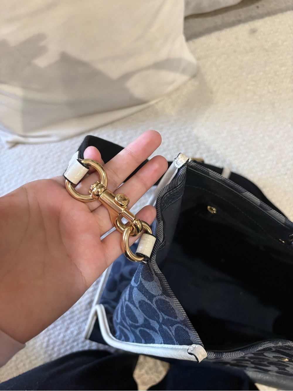 COACH Navy Signature Canvas Tote with Cream Trim and Black Strap - Picture 9 of 12
